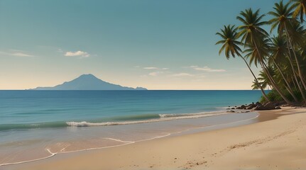 Idyllic Tropical beach with fine sand, some palms near, calm sea with clear sky above.  .Generative AI