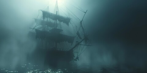 Haunting ghost ship with ethereal mists, tattered sails, and the silhouette of a ghastly crew, capturing the supernatural elements of pirate legends created with Generative AI Technology - obrazy, fototapety, plakaty