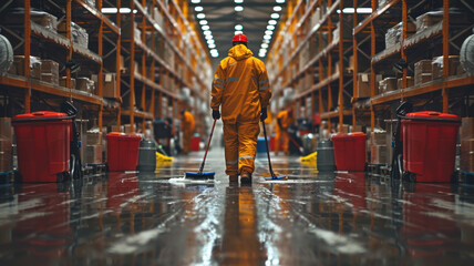 warehouse workers mopping and cleaning a warehouse,generative ai
