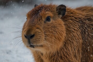 capybara in the snow on a sunny day