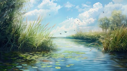A lazy summer river flanked by banks of reeds and rushes, with dragonflies hovering above the water. Emphasize an impressionistic style