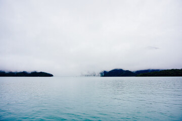 Sun Moon Lake，Nantou, Taiwan, Republic of China, 01 22 2024: The landscape of Sun Moon Lake (Ri Yue pond) in a cloudy and foggy day