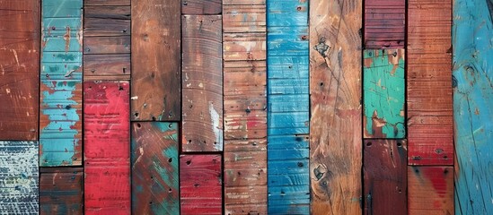 A close up of a wooden wall with multiple colors of paint