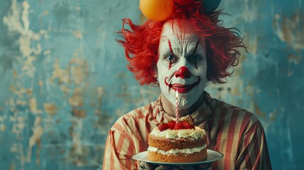 A cute creative clown with a cake with a candle. The concept of a birthday celebration. - obrazy, fototapety, plakaty