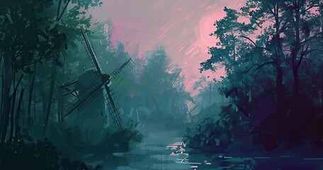 windmill in deep forest, simple, in the style of Van Gogh, abstract, sunset, desaturated light and airy pastel color palette