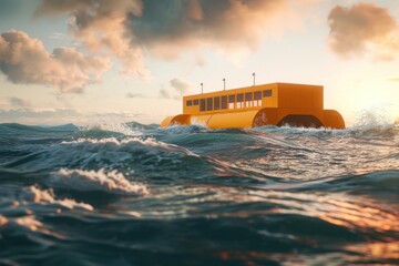 A yellow wave energy converter station sits amidst turbulent sea waves under a dark sky.