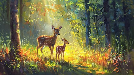 A mother deer and her fawn in a sunlit clearing, the forest's edge lined with the vibrant colors of wild flora. Emphasize an impressionistic style, focusing on mood rather than meticulous detail - obrazy, fototapety, plakaty