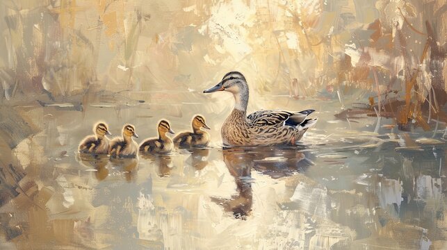 Mother Duck and Ducklings on Serene Water