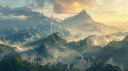 A mountain vista at dawn, the valleys filled with mist and the peaks catching the first soft rays of sunlight. Emphasize an impressionistic style, focusing on mood rather than meticulous detail
