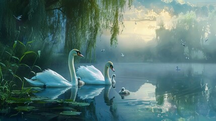 A pair of swans with their cygnets, floating on a serene lake with weeping willows on the shore, as the twilight sky reflects on the still water. Emphasize an impressionistic style - obrazy, fototapety, plakaty