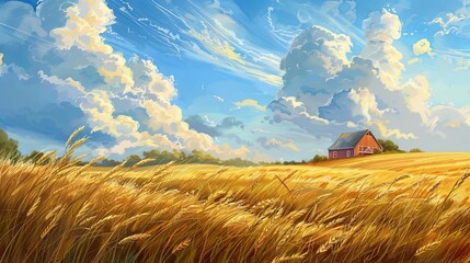 A pastoral scene with a field of golden wheat swaying in the breeze, a classic red barn in the distance, under a vast sky with cumulus clouds. Emphasize an impressionistic style