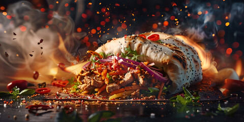 Traditional shawarma with meat and vegetables in flatbread , A chicken wrap with vegetables on a black background