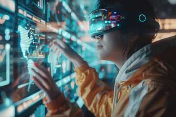 Innovative VR experience with a young person exploring virtual data in a futuristic setting, symbolizing the intersection of reality and technology. - obrazy, fototapety, plakaty