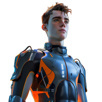 A young man android, cast in a modern combination of electric blue and vibrant orange. Ray tracing renders his half-body shot