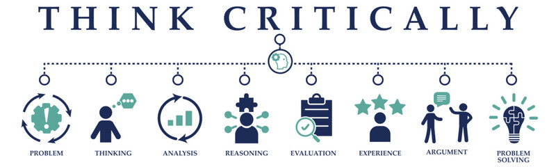 Think critically banner web solid icons. Vector illustration concept including icon of problem, thinking, analysis, reasoning, evaluation, experience, argument and problem solving