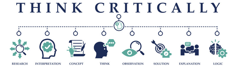 Think critically banner web solid icons. Vector illustration concept including icon of research, interpretation, concept, think, observation, solution, explanation and logic