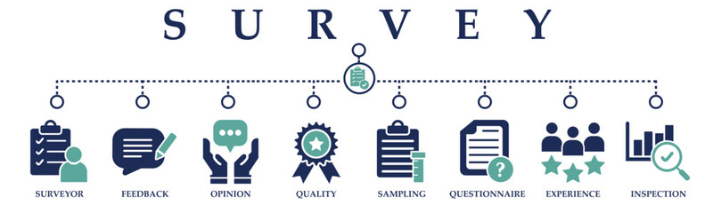 Survey banner web solid icons. Vector illustration concept including icon of surveyor, feedback, opinion, quality, sampling, questionnaire, experience  and inspection