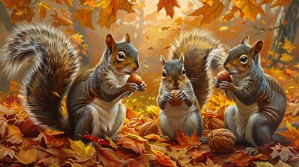 A quartet of squirrels with bushy tails, each holding a different autumn nut, on a carpet of vibrant fall leaves. Emphasize an impressionistic style, focusing on mood rather than meticulous detail - obrazy, fototapety, plakaty