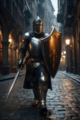 Shadowy Streets Modern Knight Braving City with Enormous Shield and Sword - obrazy, fototapety, plakaty