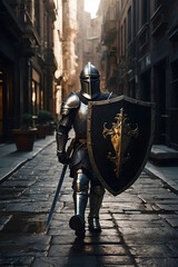 Urban Warrior Modern Knight Strolls Through Dark City with Shield and Sword - obrazy, fototapety, plakaty