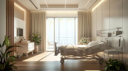Bright and airy hospital room designed for patient recovery and comfort, featuring beds with high-quality linens, AI Generative - obrazy, fototapety, plakaty