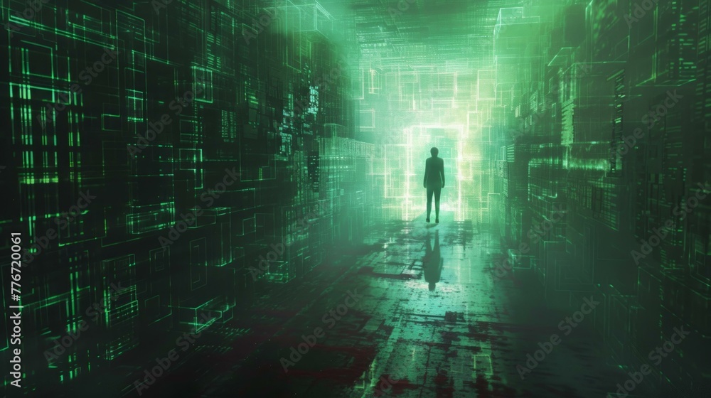 Poster design a compelling scene where a lone figure is illuminated by the light of an exit, at the end of 