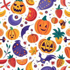 Fototapeten Halloween pumpkin and decorations seamless pattern background. © Pacharee