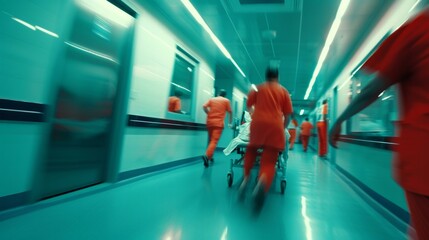 Hospital emergency team rush patient on gurney to the operating theater. Corridor in medical clinic with working doctors, AI Generative