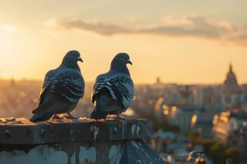 Deurstickers Two pigeons perching on a rooftop during a warm sunset in the city. © evgenia_lo