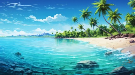 Fototapeta na wymiar Tropical palm trees sway turquoise waters kiss sandy shores