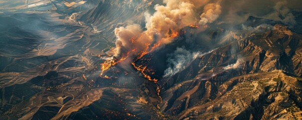 Aerial view of a wildfire cutting through a canyon