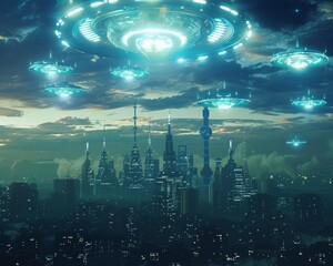 Alien invasion over a modern city
