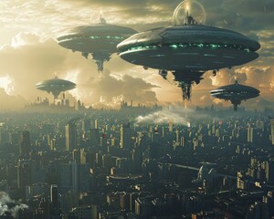 Alien invasion over a modern city