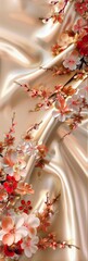 A floral kimono fabric texture, with elegant blossoms and leaves against a backdrop of soft, flowing silk, reflecting tradition of Far Eastern fashion created with Generative AI Technology
