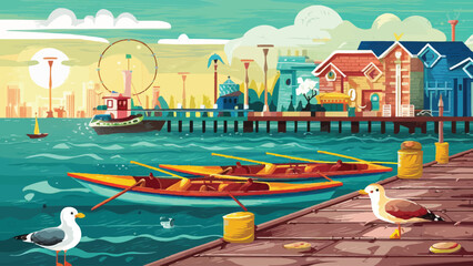 Fototapeta na wymiar Coastal Serenity: Rowing Boats, Seagull on Pier - Vector Illustration for Seaside Holiday Travel Poster