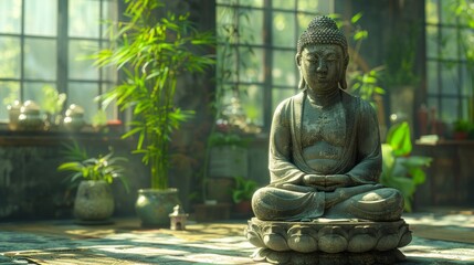 Serene Buddha statue nestled among lush bamboo, embodying tranquility and Zen philosophy, soft morning light casting gentle shadows, AI Generative