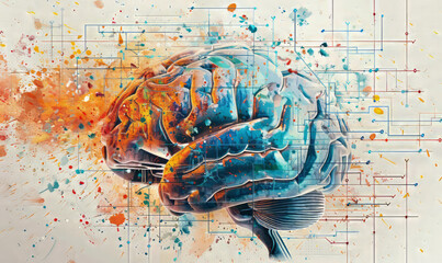 brain with circuits intertwined with paint splatters: Suggests that AI draws from both logic and creativity,generative ai - obrazy, fototapety, plakaty