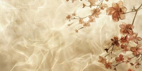 A floral kimono fabric texture, with elegant blossoms and leaves against a backdrop of soft, flowing silk, reflecting tradition of Far Eastern fashion created with Generative AI Technology