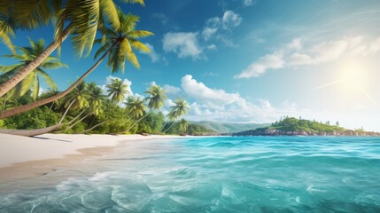 Tropical palm trees sway turquoise waters kiss sandy shores - obrazy, fototapety, plakaty
