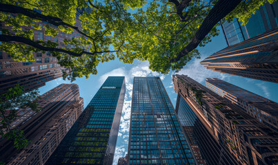 Bottom view of the city with skyscrapers and green trees,generative ai