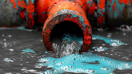 A red pipe is pouring out dirty water in the photo, which is black and white except ,generative ai
