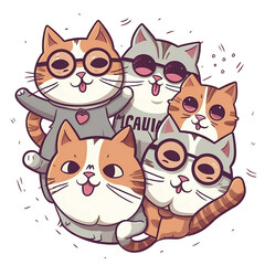 Group of crazy kitties sticker, cartoon style, with transparent background