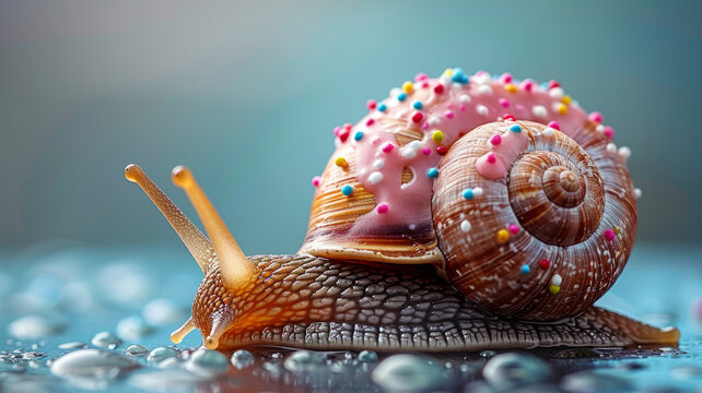 A pink donut with sprinkles on it, sitting atop the back of a snail which is crawling along at great speed on a blue background,generative ai