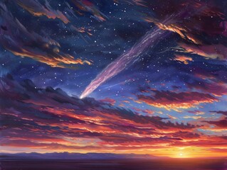 Comet streaking across a pastel twilight sky - obrazy, fototapety, plakaty