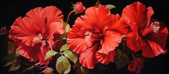 Artistic painting featuring three vibrant red flowers against a striking black background, creating a bold and captivating contrast