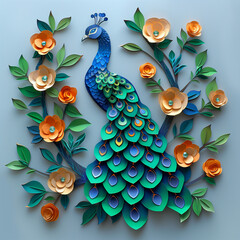 Paper cut green and blue peacock with orange flowers on blue background