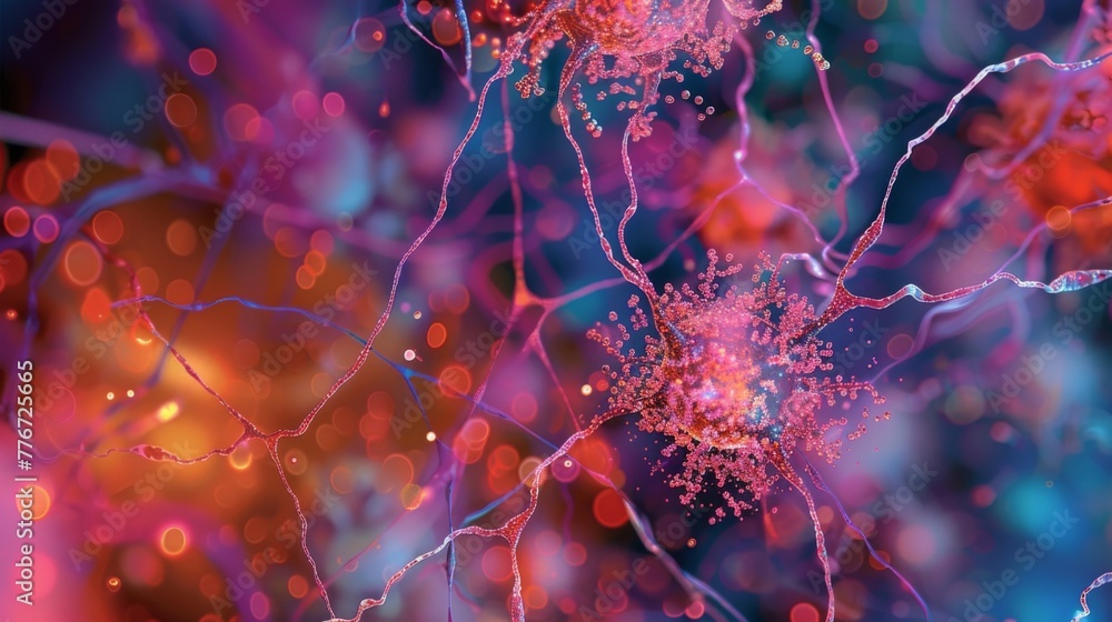 Poster a 3d rendering of a group of animal cells highlighting the intricate network of connections between 