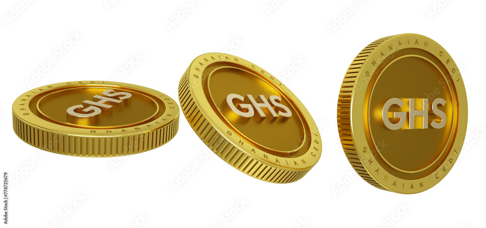 Fototapete ghanaian cedis currency iso code on gold coin isolated on transparent background, 3d rendering of se
