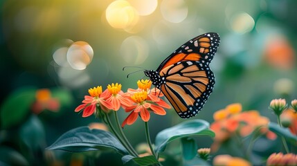 Obraz premium Beautiful Morpho Butterfly with Open Wings on Flowers Isolated on Black Background. Copy Space Concept in the Style of Virtual Reality. A Bright Purple Morpho Flying Near Blooming Lilac Flowers.