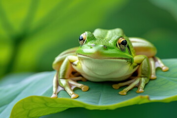 Naklejka premium Green frog on the lotus leaf background